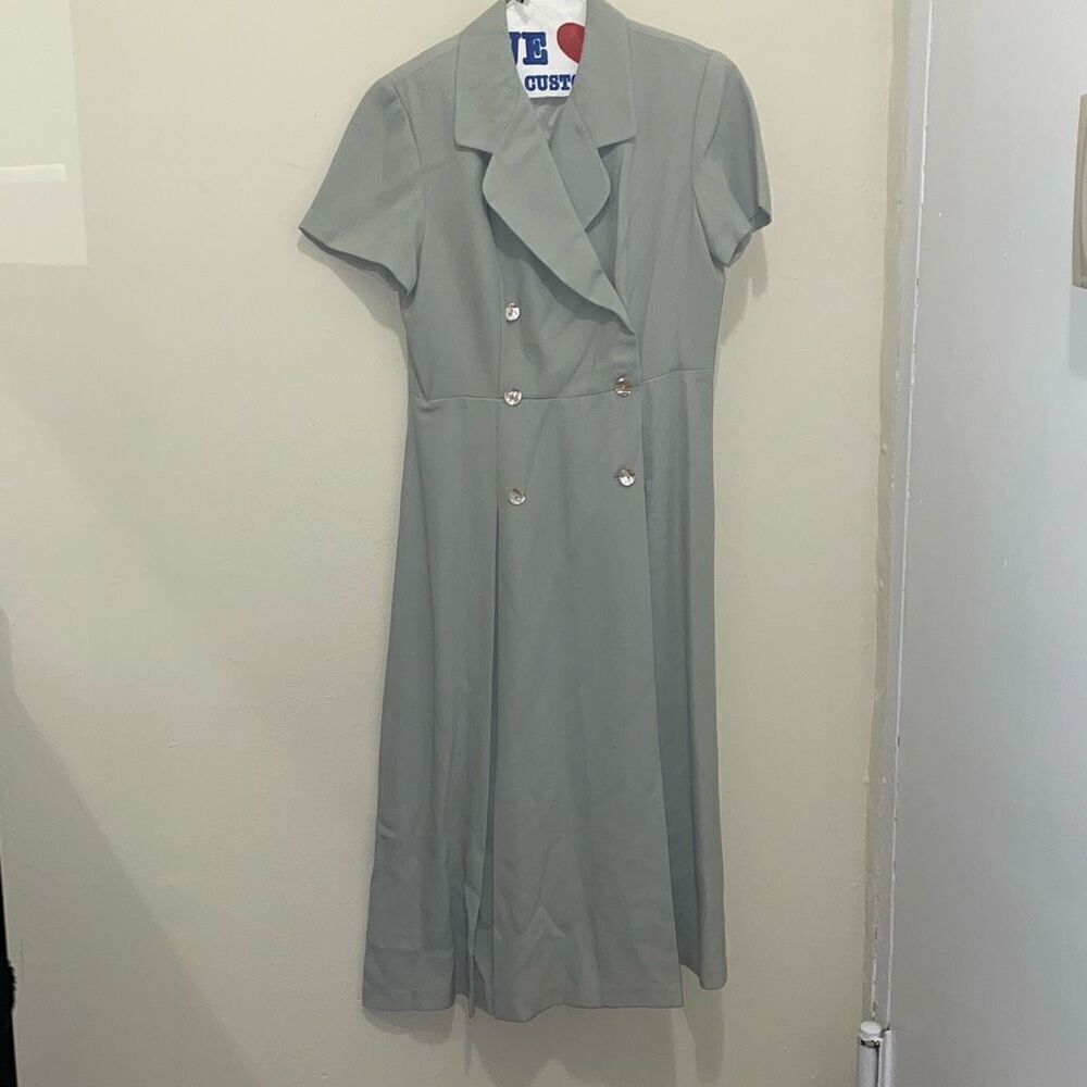 Vintage pin up double breasted button down light green a line dress petites
